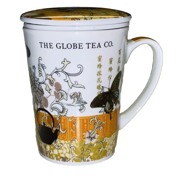 Globe Tea Co. Single Tea Cup Mug W/ Infuser & Lid 10 Oz Porcelain Paula Scaletta - Picture 1 of 11